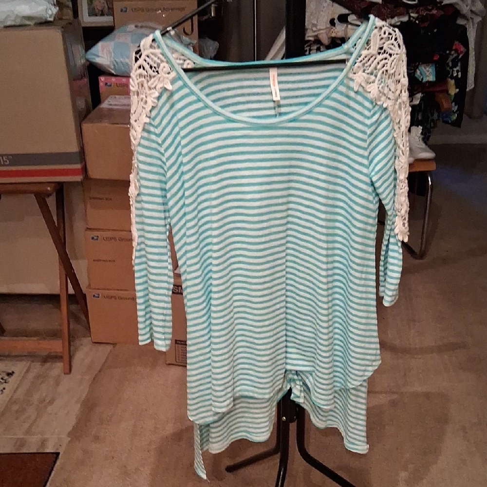 Orange Creek Teal and White Striped Tunic with Lace Shoulders